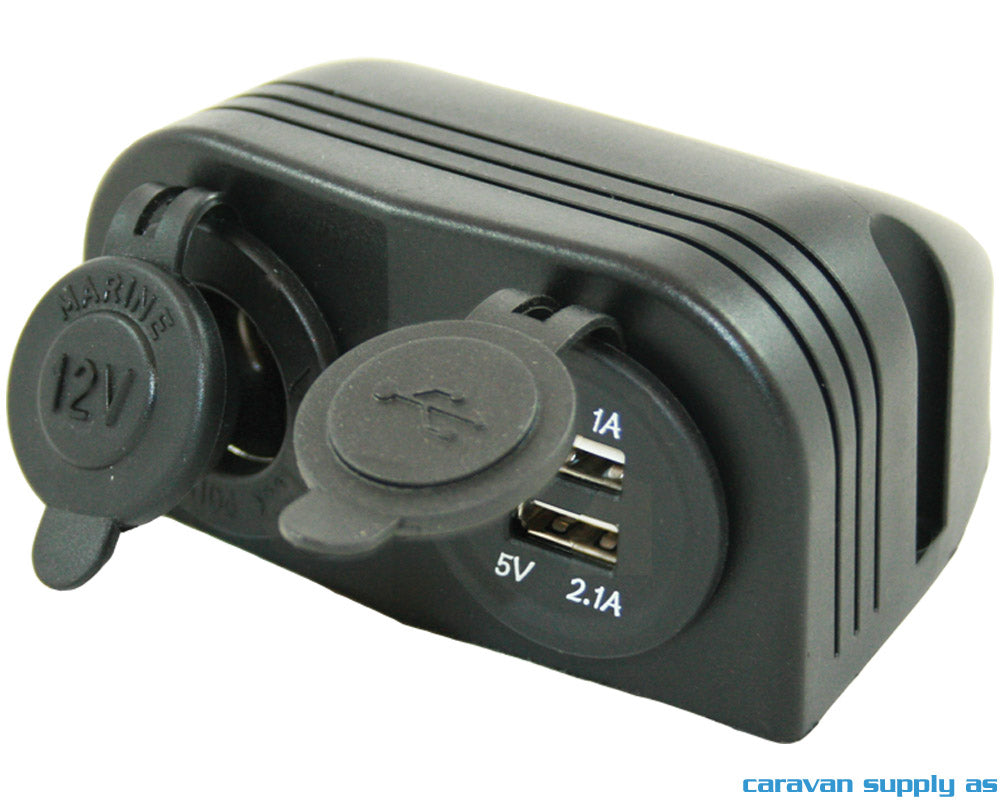 12V STIKKONTAKT + 2 X USB LADER 1A+2,1A UTENPÅLIGG