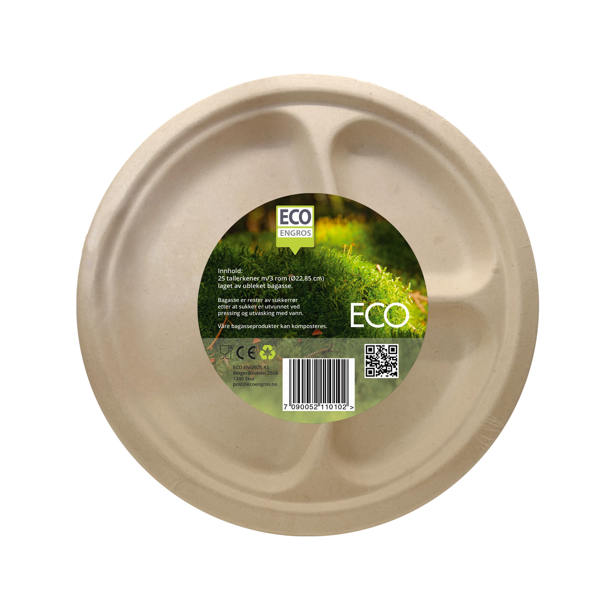 Tallerken ubleket bagasse 22,9cm 3rom 25pk