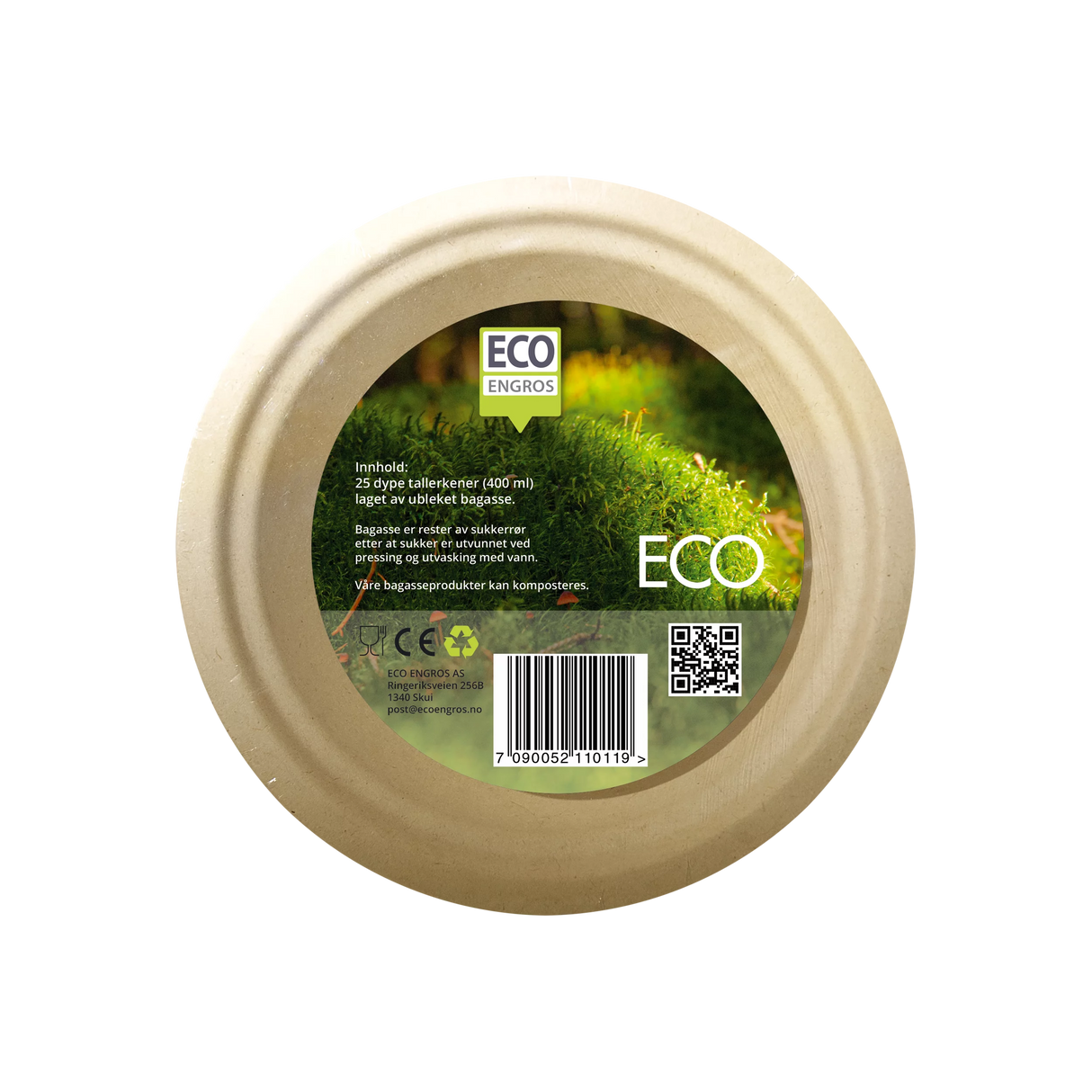 Tallerken dyp bagasse 400ml 25pk