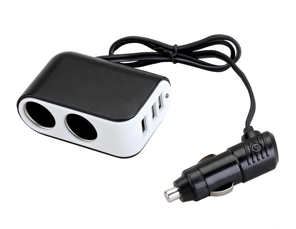 12V adapter uni plugg --> 2 x uni + USB m/LEDlys