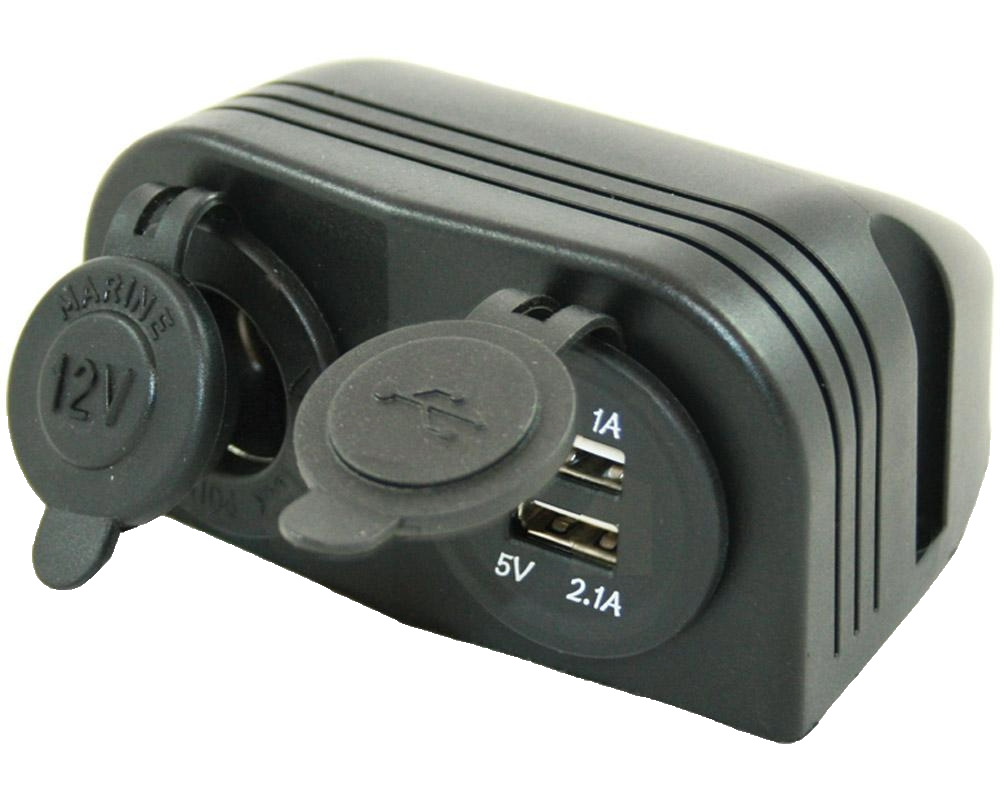 12V stikkontakt + 2 x USB lader 1A+2,1A utenpåligg