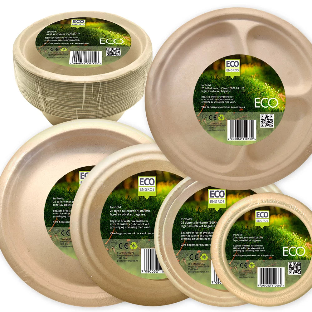 Tallerken dyp bagasse 400ml 25pk